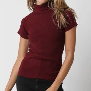 Olivaceous Short-Sleeve Ribbed Turtleneck Sweater in Burgundy
